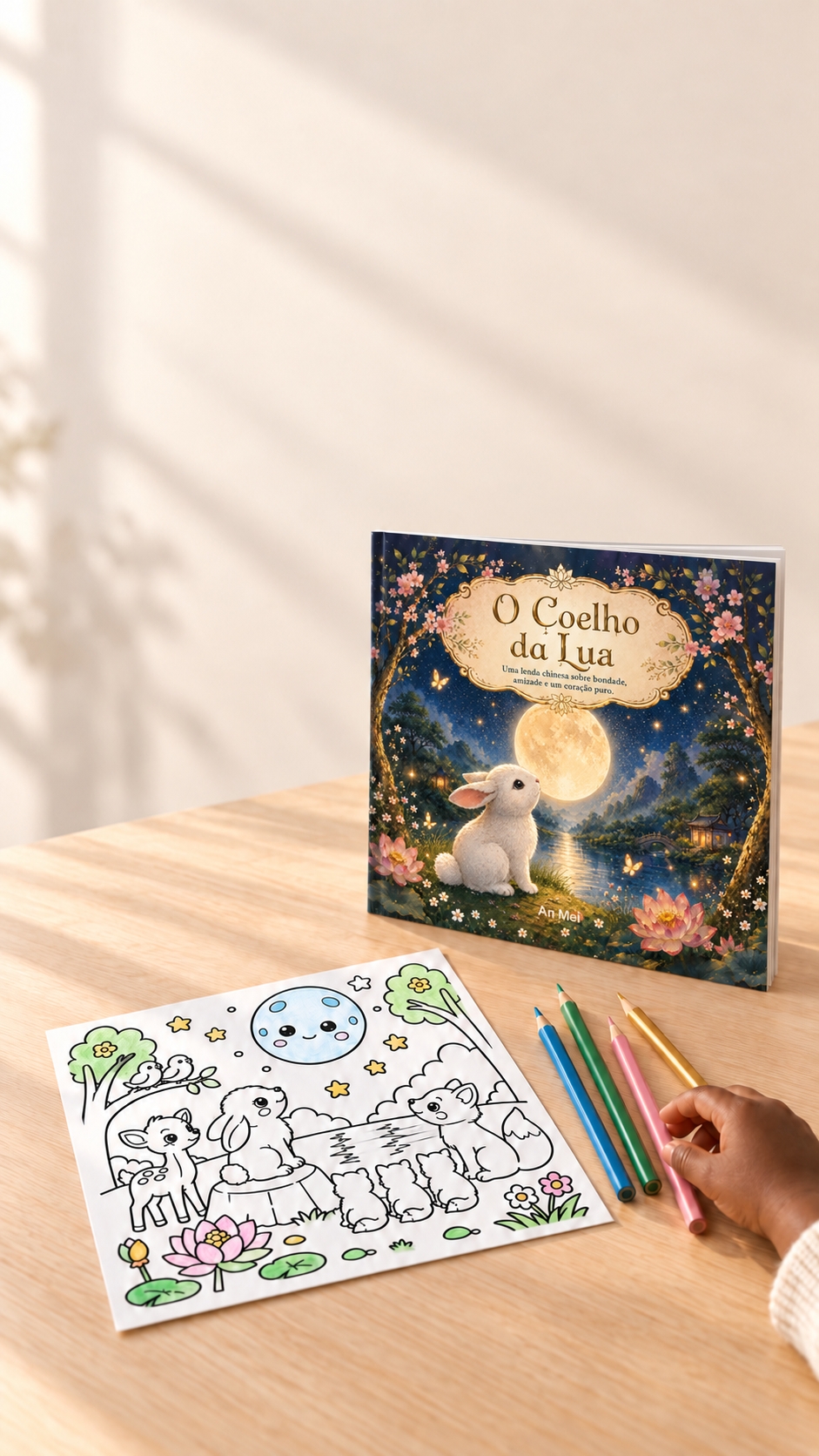 Criança colorindo uma cena inspirada no livro O Coelho da Lua
