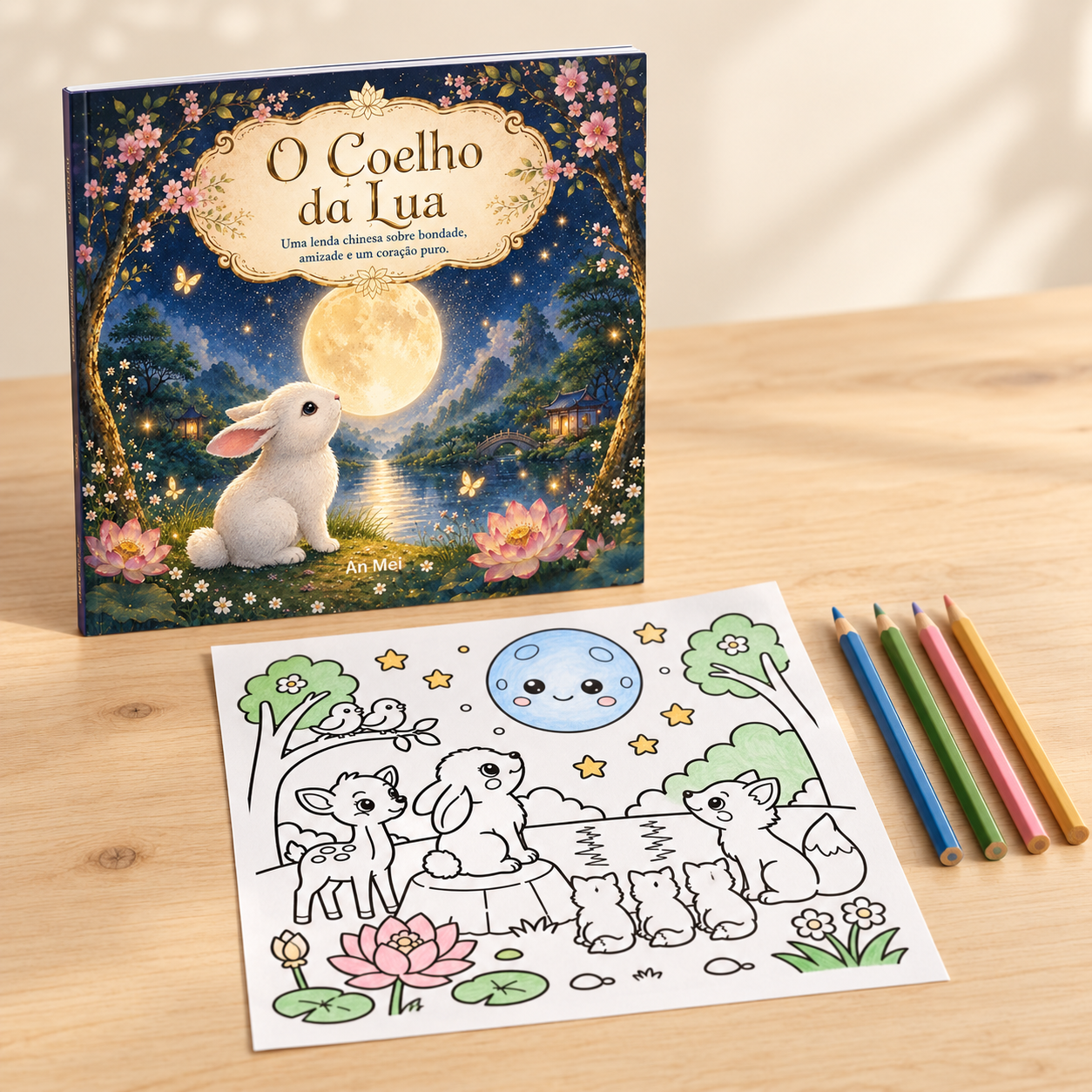 Livro O Coelho da Lua ao lado de uma atividade infantil para colorir